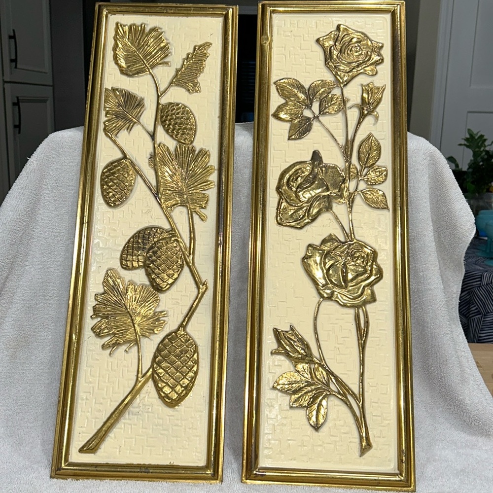 Elpec Brass Embossed Wall Hanging Plaque Vintage Made In England Set 2.
